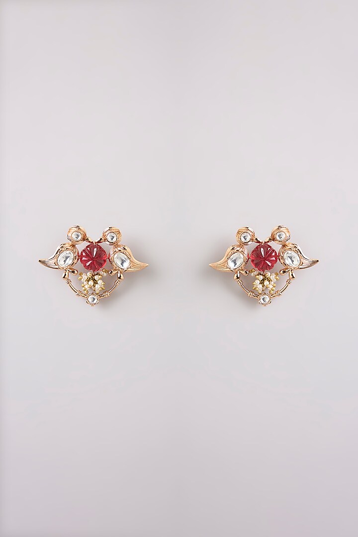 Gold Finish Red & White Stone Stud Earrings by AMAMA at Pernia's Pop Up Shop
