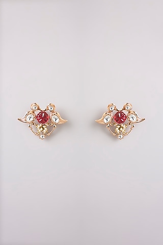 Gold Finish Red & White Stone Stud Earrings by AMAMA