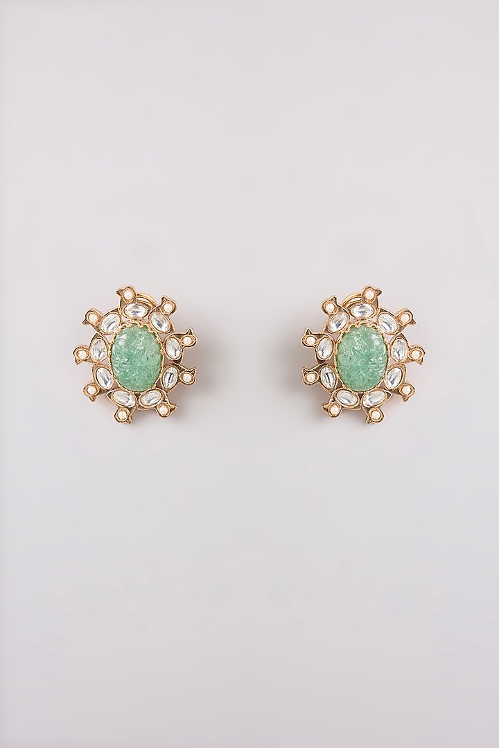 Gold Finish Mint Green Stone Stud Earrings by AMAMA at Pernia's Pop Up Shop