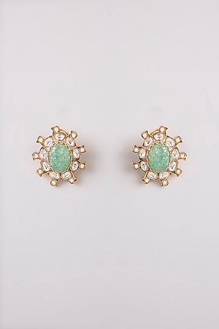 Gold Finish Mint Green Stone Stud Earrings by AMAMA