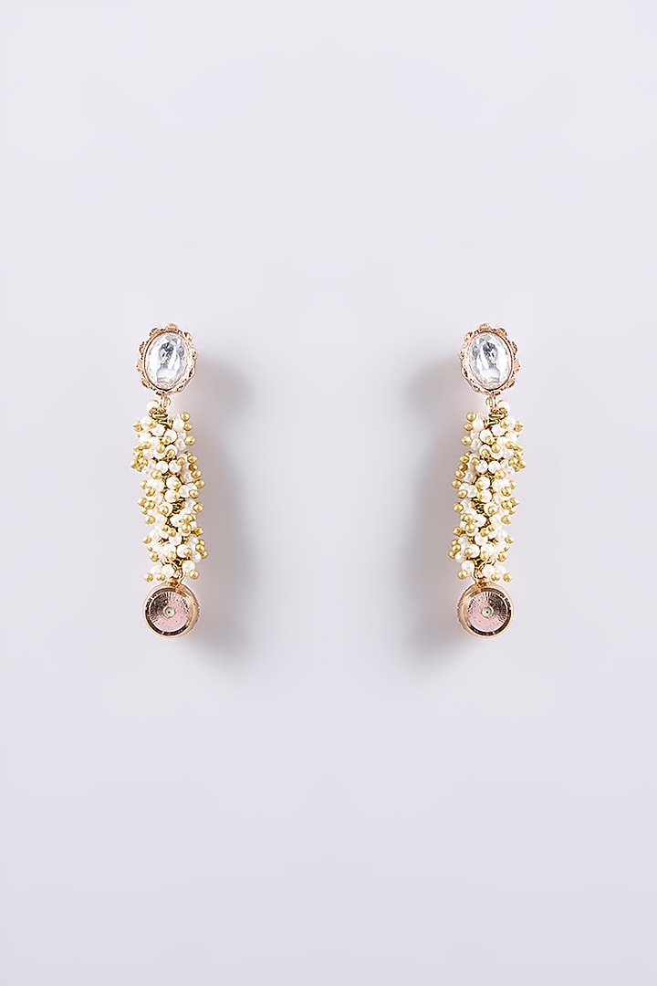Gold Finish Kundan Polki & Pearl Dangler Earrings (Set of 5) by AMAMA at Pernia's Pop Up Shop