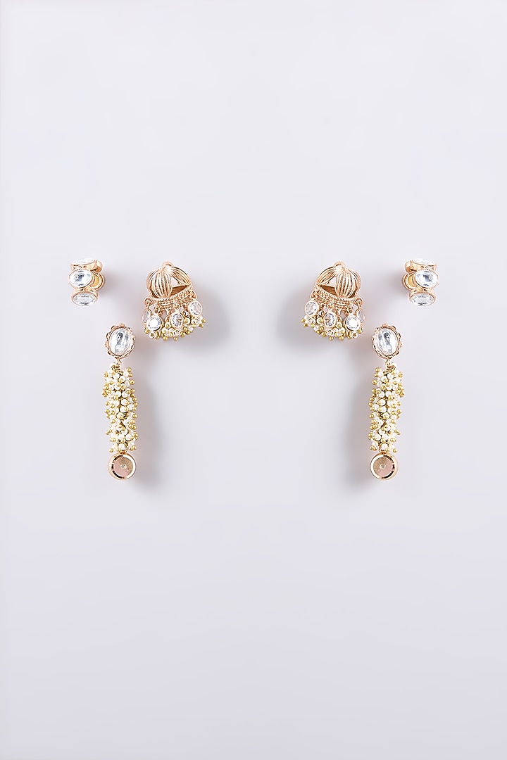 Gold Finish Kundan Polki & Pearl Dangler Earrings (Set of 5) by AMAMA at Pernia's Pop Up Shop