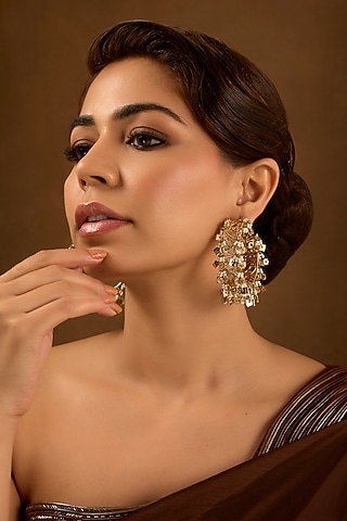 Gold Finish Seed Pearl & Champagne Crystal Hoop Earrings by AMAMA