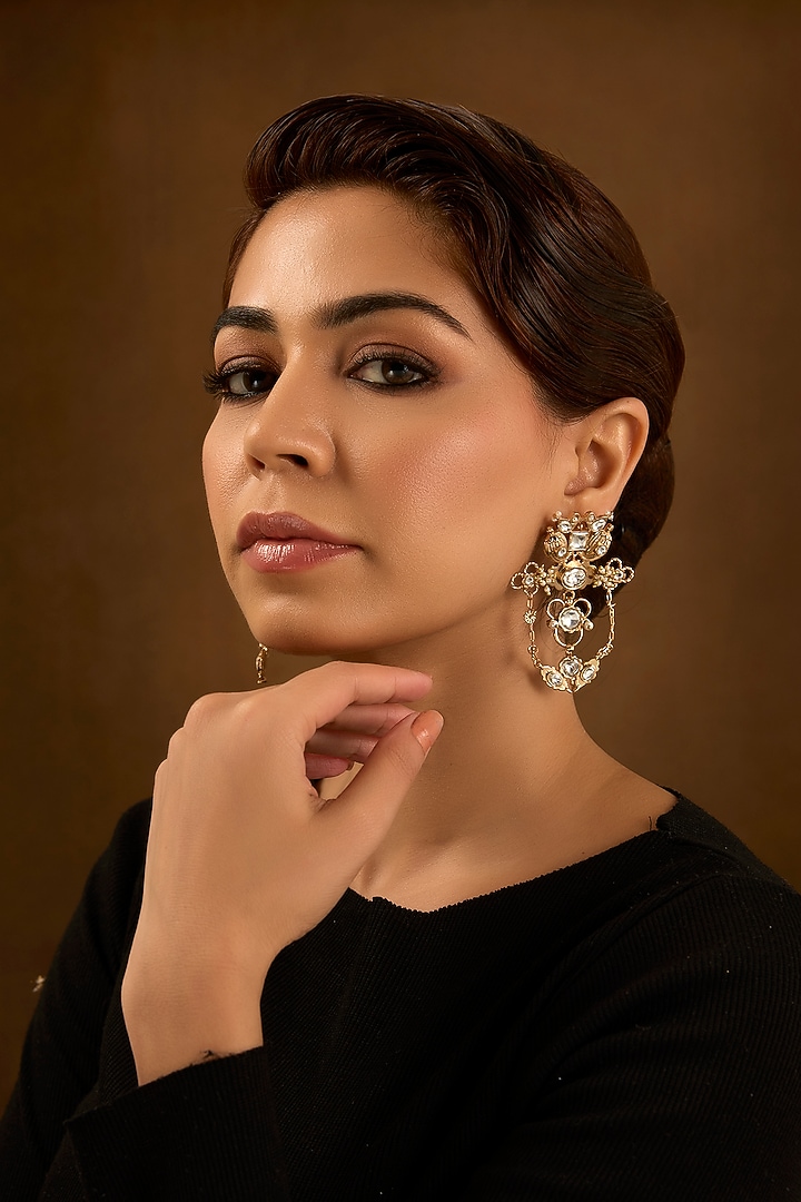 Gold Finish Kundan Polki Dangler Earrings by AMAMA at Pernia's Pop Up Shop