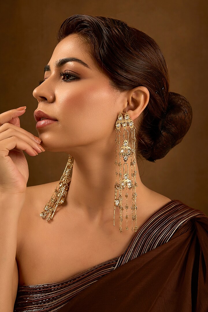 Gold Finish Kundan Polki Dangler Earrings by AMAMA at Pernia's Pop Up Shop