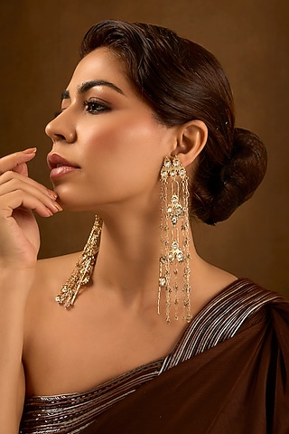 Gold Finish Kundan Polki Dangler Earrings by AMAMA