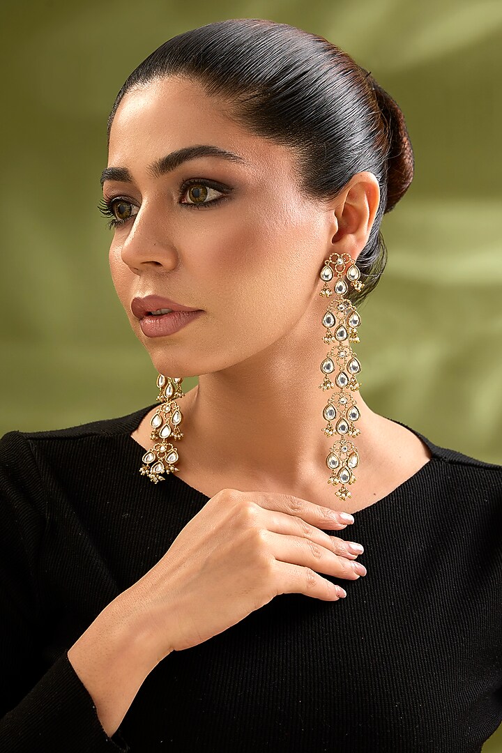 Gold Finish White Stone Dangler Earrings by AMAMA at Pernia's Pop Up Shop