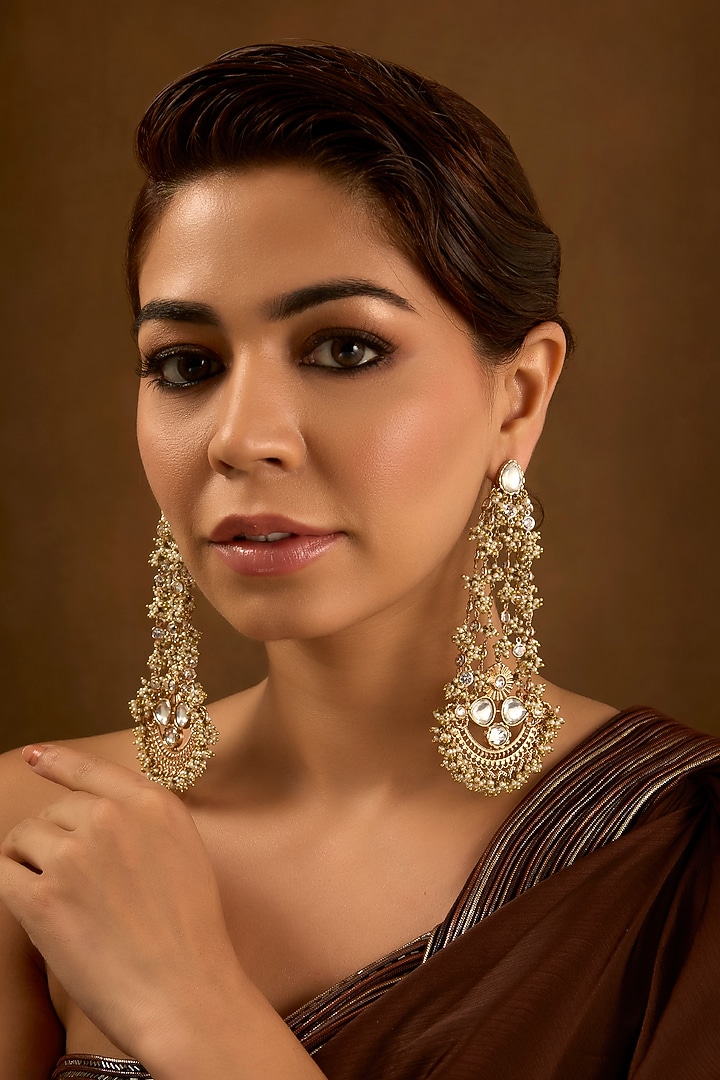 Gold Finish Kundan Polki Dangler Earrings by AMAMA at Pernia's Pop Up Shop