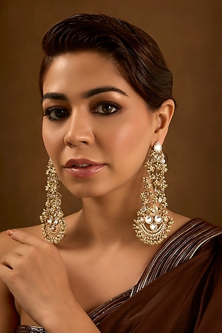 Gold Finish Kundan Polki Dangler Earrings by AMAMA