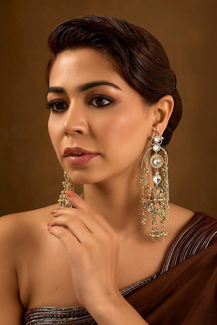 Gold Finish Kundan Polki Dangler Earrings by AMAMA at Pernia's Pop Up Shop