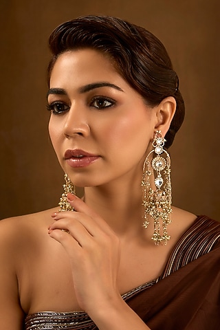 Gold Finish Kundan Polki Dangler Earrings by AMAMA