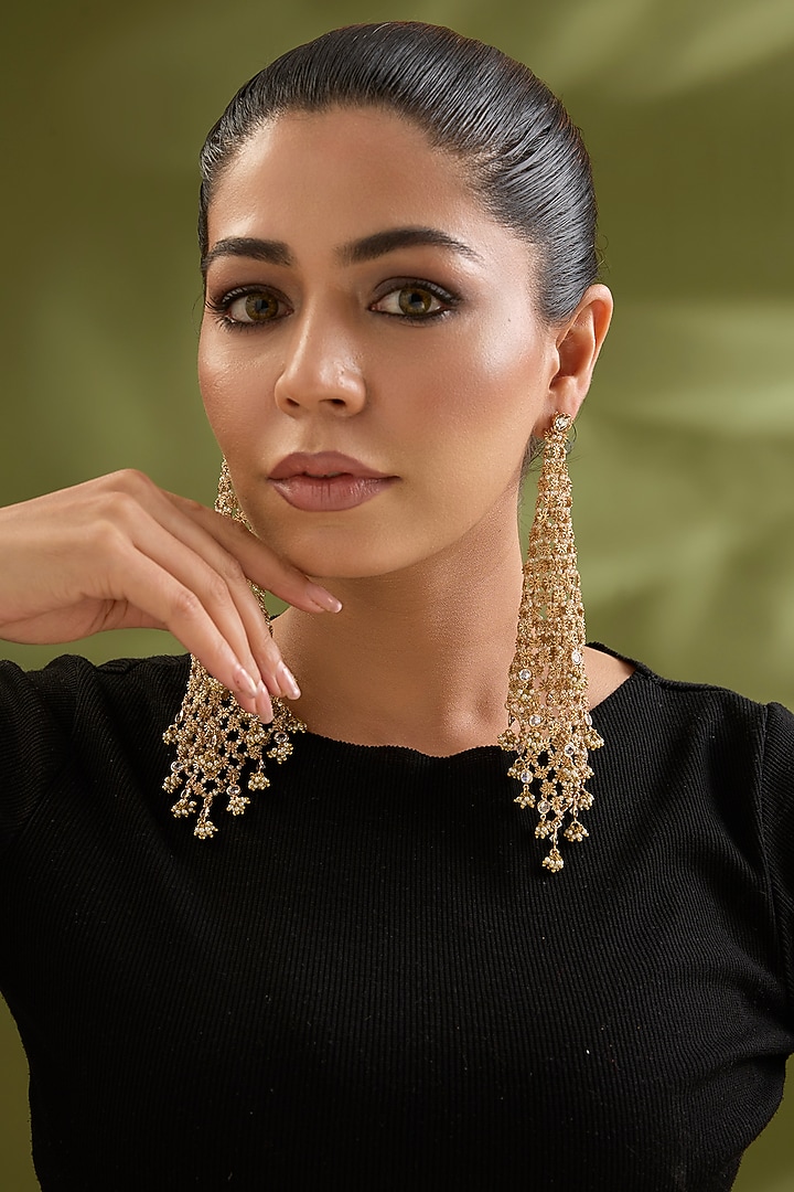 Gold Finish Brass Dangler Earrings by AMAMA at Pernia's Pop Up Shop