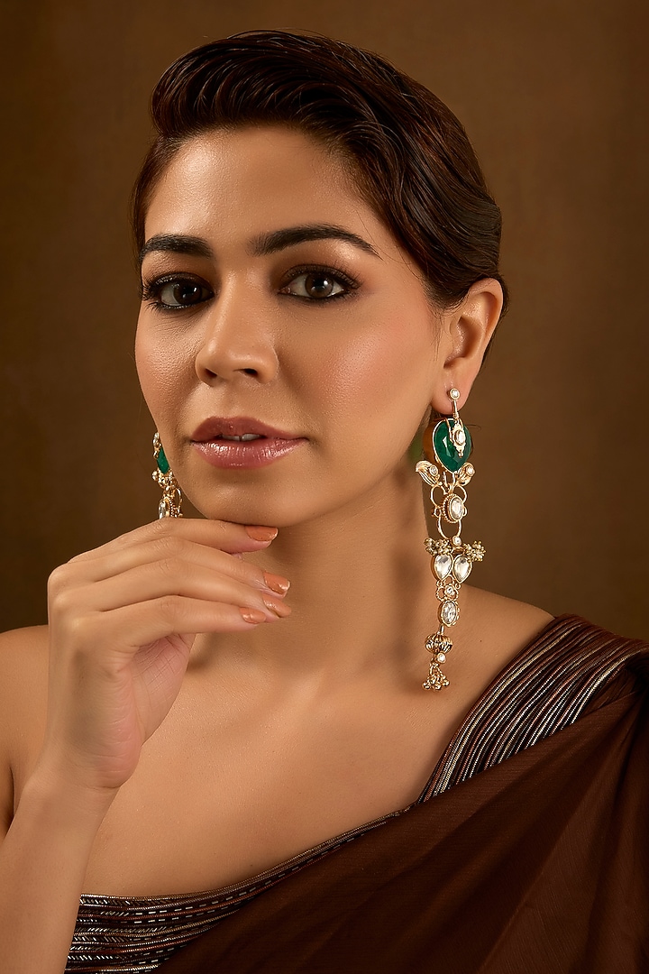 Gold Finish Kundan Polki Dangler Earrings by AMAMA at Pernia's Pop Up Shop