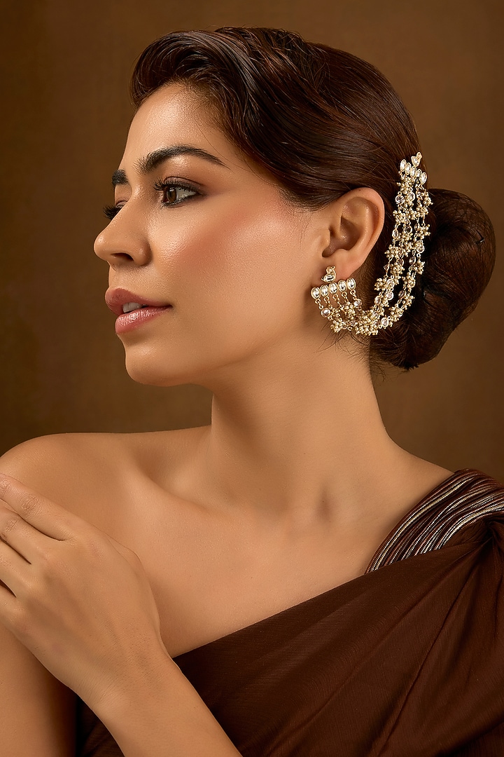 Gold Finish Kundan Polki Dangler Earchains by AMAMA at Pernia's Pop Up Shop