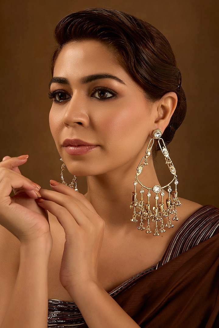 Gold Finish Kundan Polki Chandbali Earrings by AMAMA at Pernia's Pop Up Shop