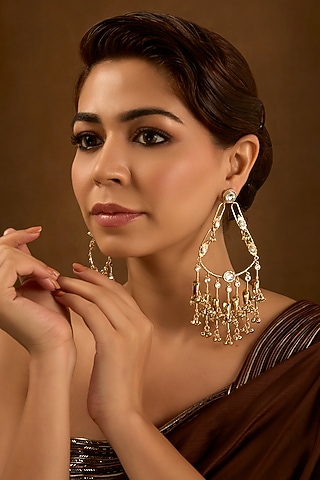 Gold Finish Kundan Polki Chandbali Earrings by AMAMA