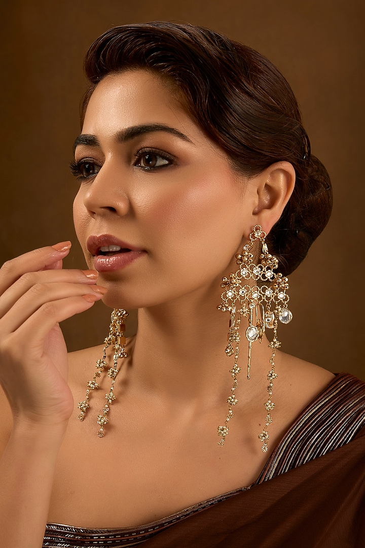 Gold Finish Kundan Polki Dangler Earrings by AMAMA at Pernia's Pop Up Shop