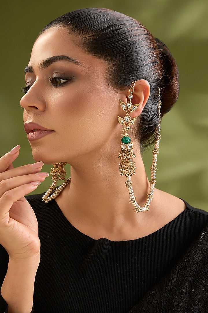 Gold Finish Kundan Polki & Seed Pearl Ear Chains by AMAMA at Pernia's Pop Up Shop