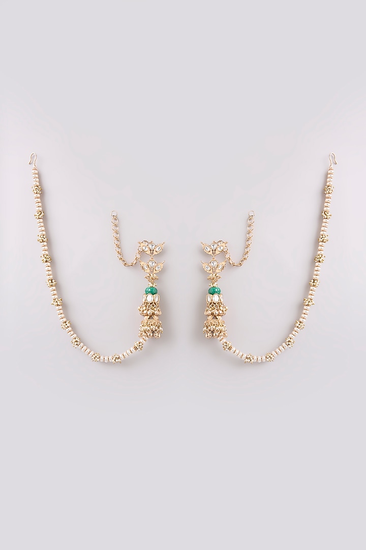 Gold Finish Kundan Polki & Seed Pearl Ear Chains by AMAMA at Pernia's Pop Up Shop