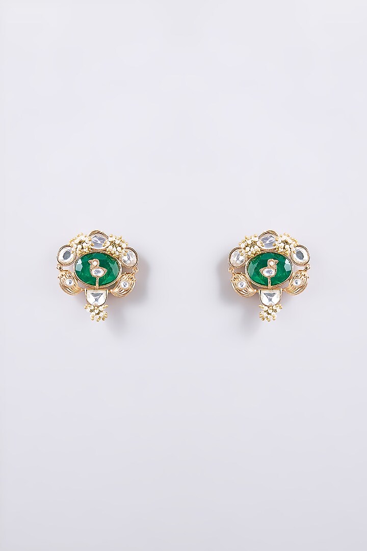 Gold Finish Green Kundan Polki Dangler Earrings by AMAMA at Pernia's Pop Up Shop