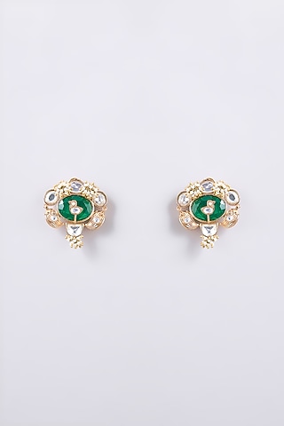 Gold Finish Green Kundan Polki Dangler Earrings by AMAMA