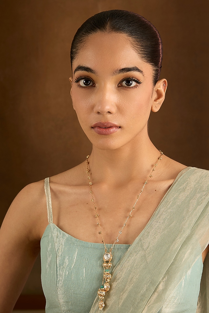 Gold Finish Kundan Polki & Blue Stone Necklace by AMAMA at Pernia's Pop Up Shop