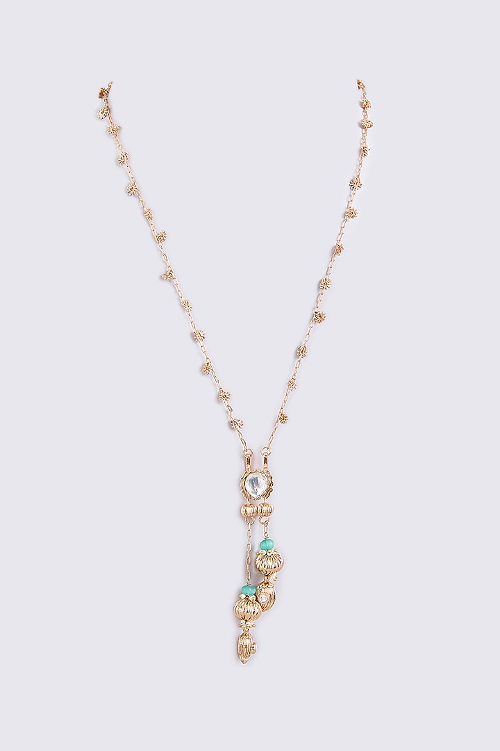 Gold Finish Kundan Polki & Blue Stone Necklace by AMAMA at Pernia's Pop Up Shop