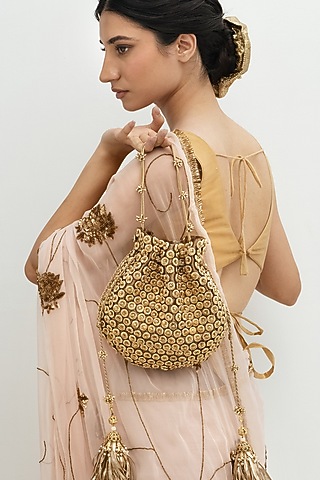 Gold Plated Brass Metal Sequin Embroidered Potli Bag by AMAMA