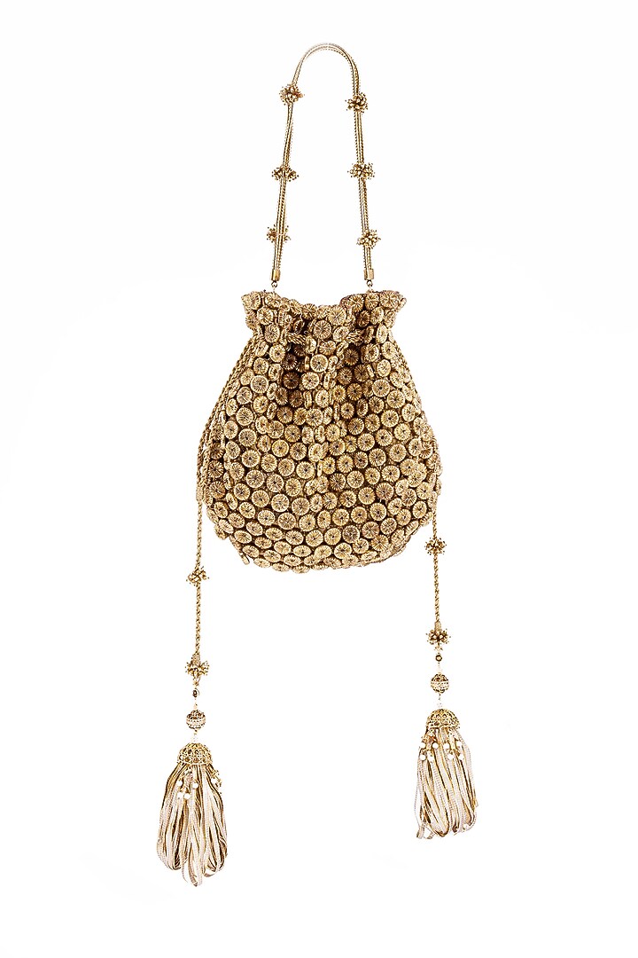 Gold Plated Brass Metal Sequin Embroidered Potli Bag by AMAMA at Pernia's Pop Up Shop