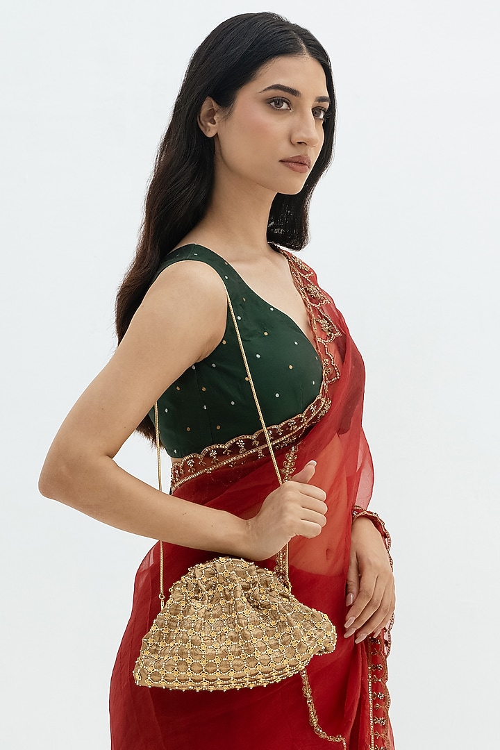 Gold Plated Brass Metal Faux Pearl Embroidered Potli Bag by AMAMA at Pernia's Pop Up Shop