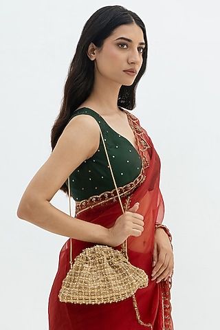 Gold Plated Brass Metal Faux Pearl Embroidered Potli Bag by AMAMA