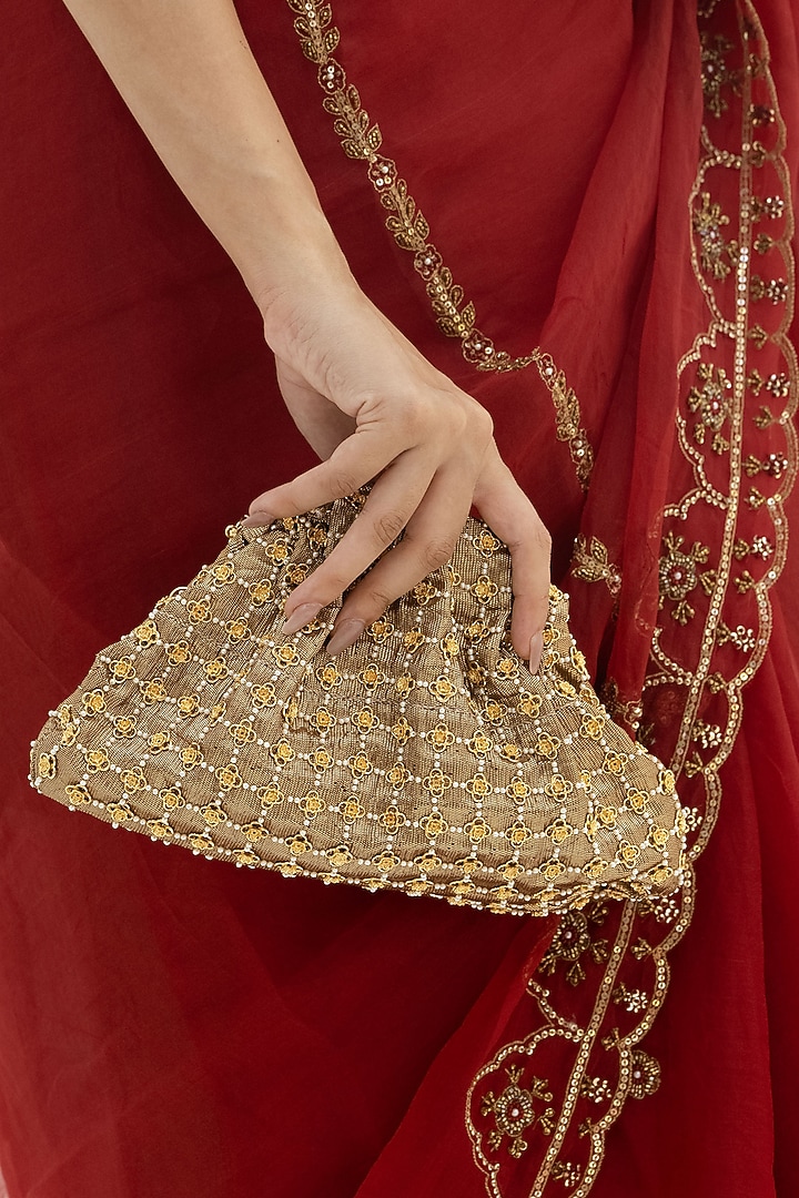 Gold Plated Brass Metal Faux Pearl Embroidered Potli Bag by AMAMA at Pernia's Pop Up Shop