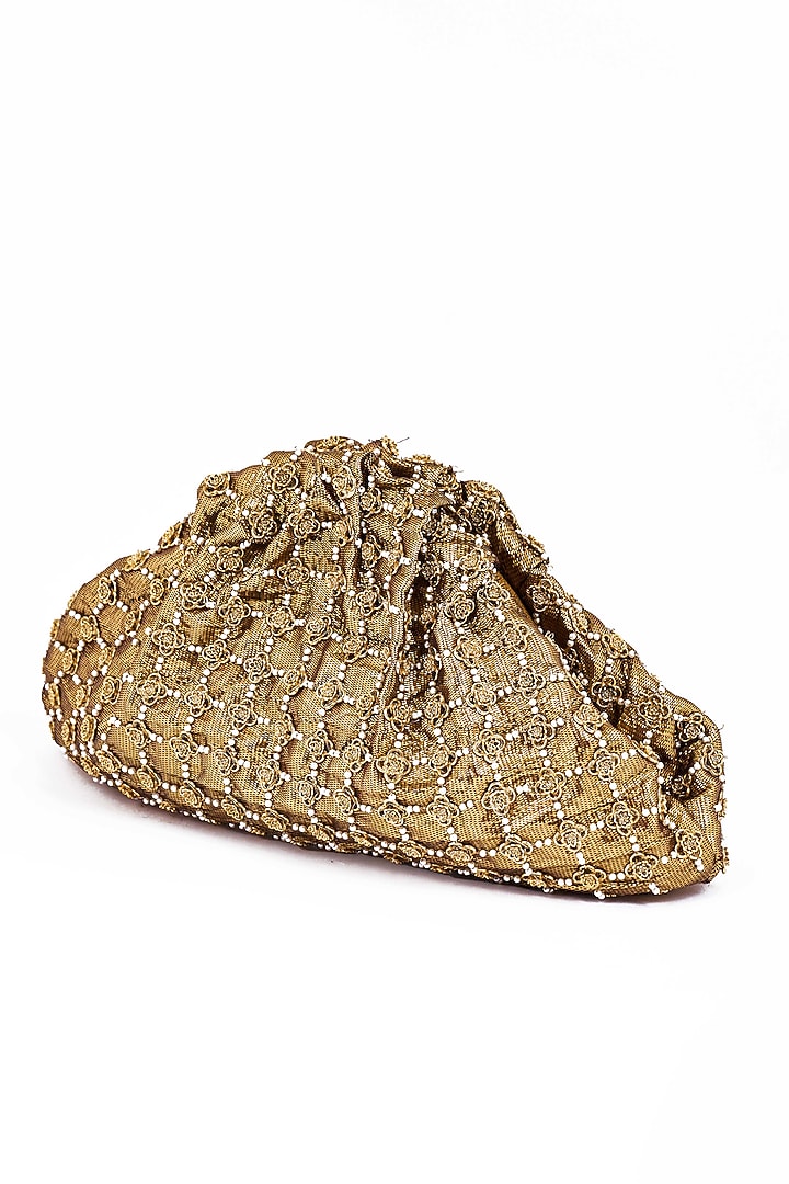 Gold Plated Brass Metal Faux Pearl Embroidered Potli Bag by AMAMA at Pernia's Pop Up Shop