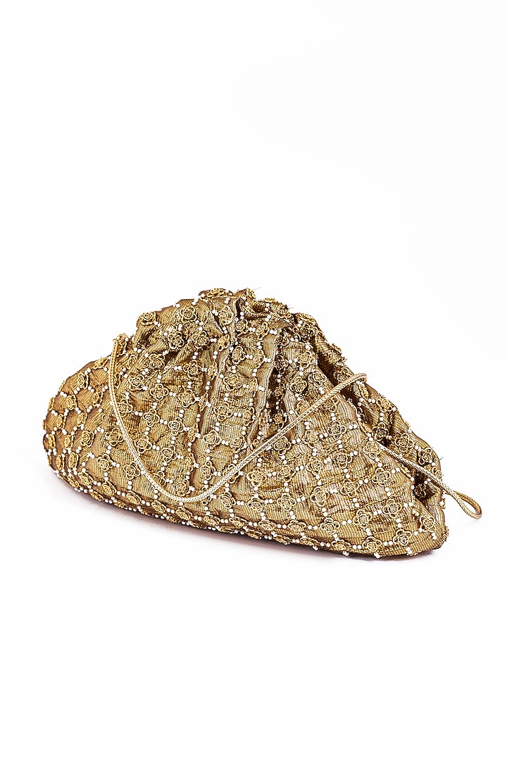Gold Plated Brass Metal Faux Pearl Embroidered Potli Bag by AMAMA at Pernia's Pop Up Shop