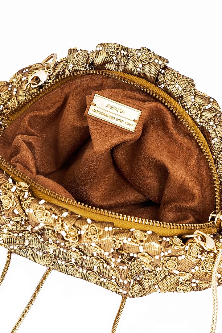 Gold Plated Brass Metal Faux Pearl Embroidered Potli Bag by AMAMA at Pernia's Pop Up Shop