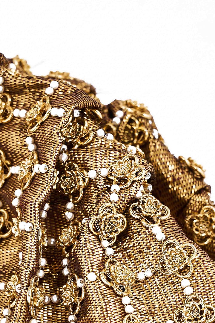 Gold Plated Brass Metal Faux Pearl Embroidered Potli Bag by AMAMA at Pernia's Pop Up Shop