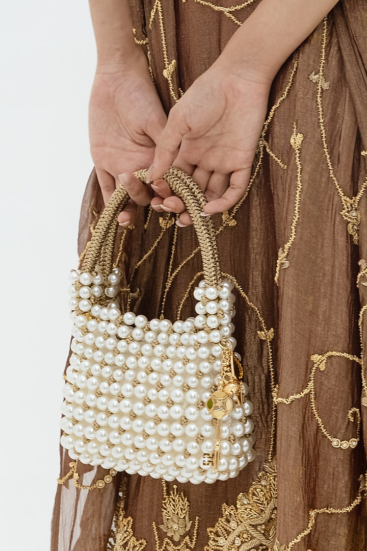 Silver Plated Brass Metal Acrylic & Faux Pearl Embroidered Handbag by AMAMA at Pernia's Pop Up Shop