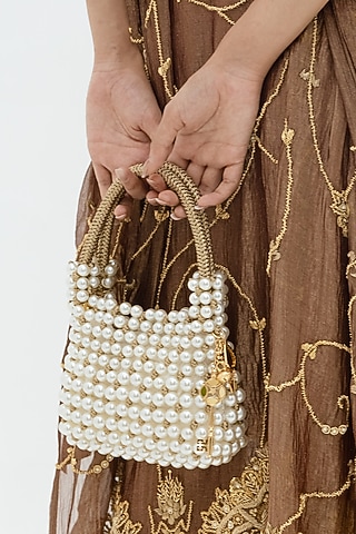 Silver Plated Brass Metal Acrylic & Faux Pearl Embroidered Handbag by AMAMA