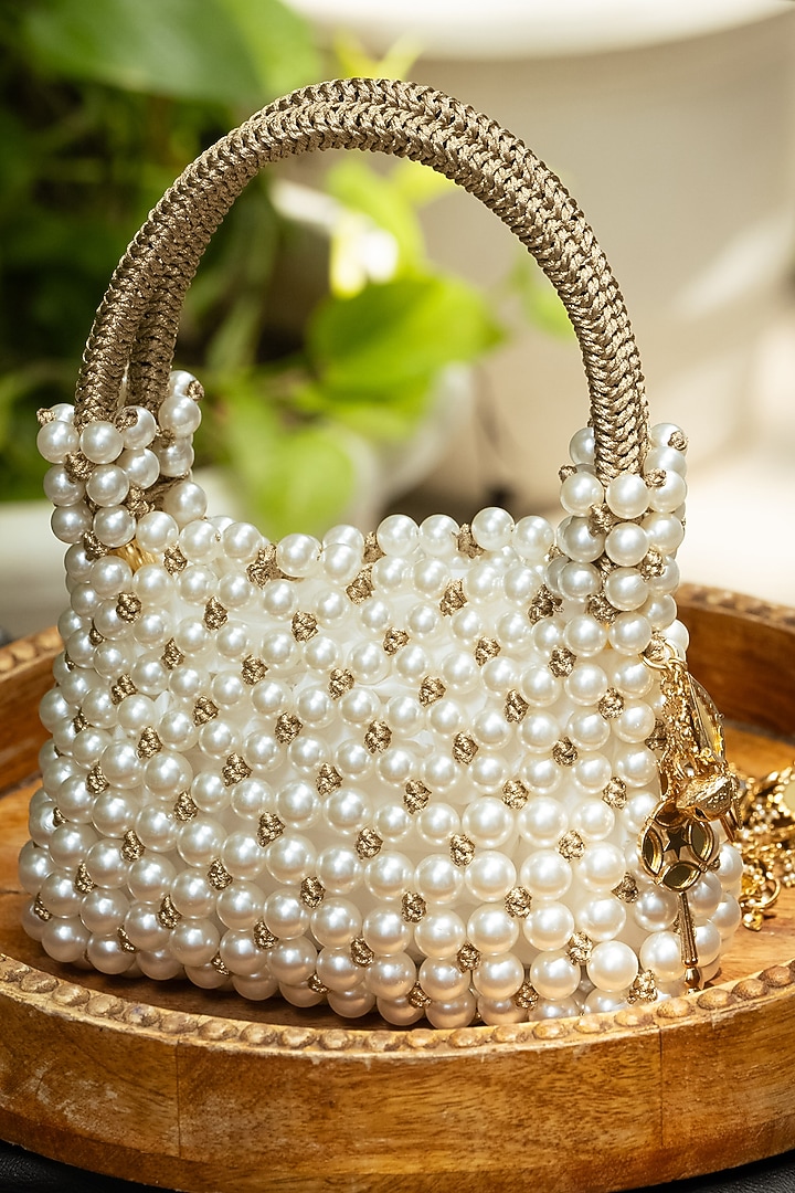 Silver Plated Brass Metal Acrylic & Faux Pearl Embroidered Handbag by AMAMA at Pernia's Pop Up Shop