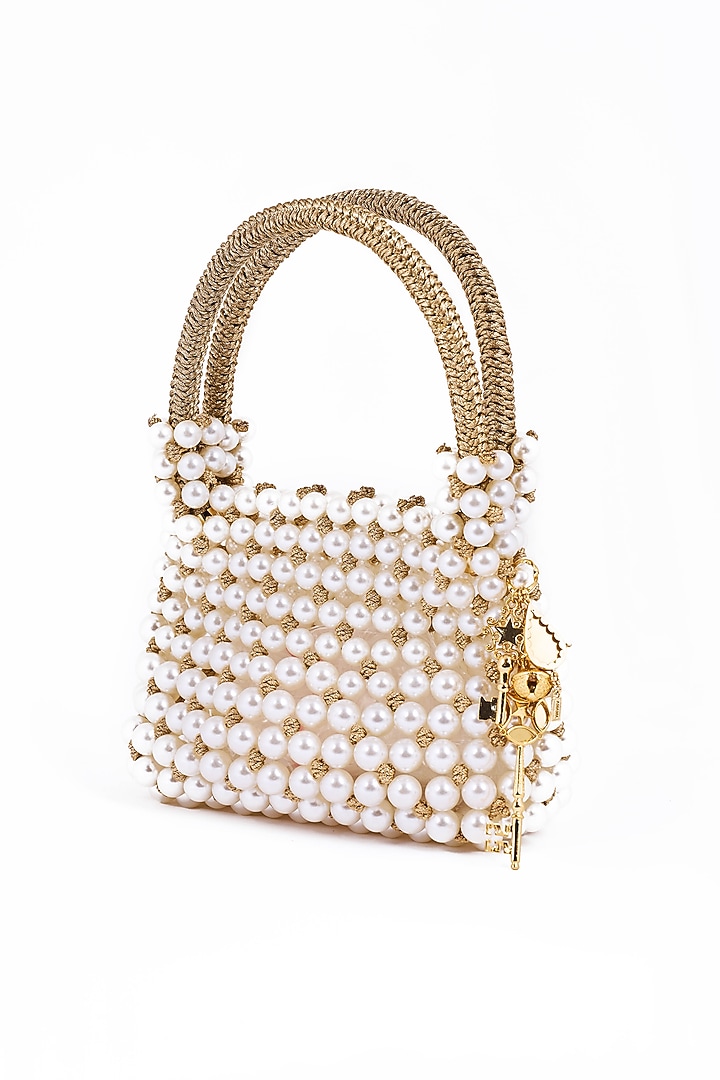 Silver Plated Brass Metal Acrylic & Faux Pearl Embroidered Handbag by AMAMA at Pernia's Pop Up Shop