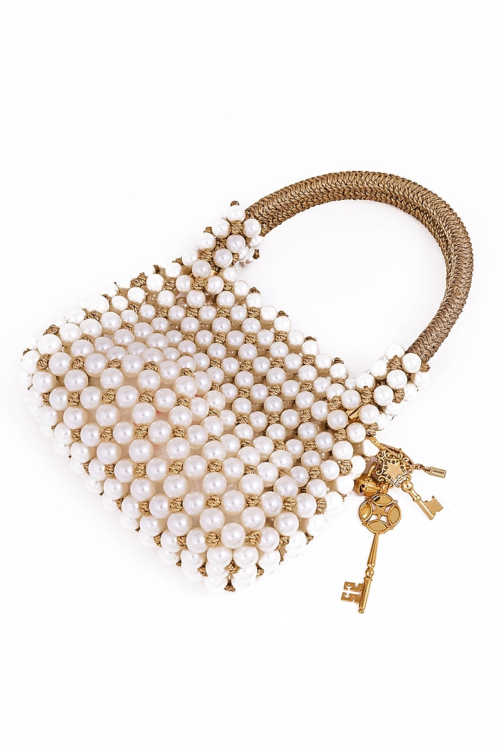 Silver Plated Brass Metal Acrylic & Faux Pearl Embroidered Handbag by AMAMA at Pernia's Pop Up Shop