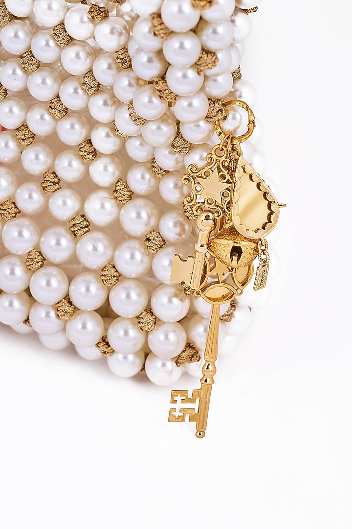 Silver Plated Brass Metal Acrylic & Faux Pearl Embroidered Handbag by AMAMA at Pernia's Pop Up Shop