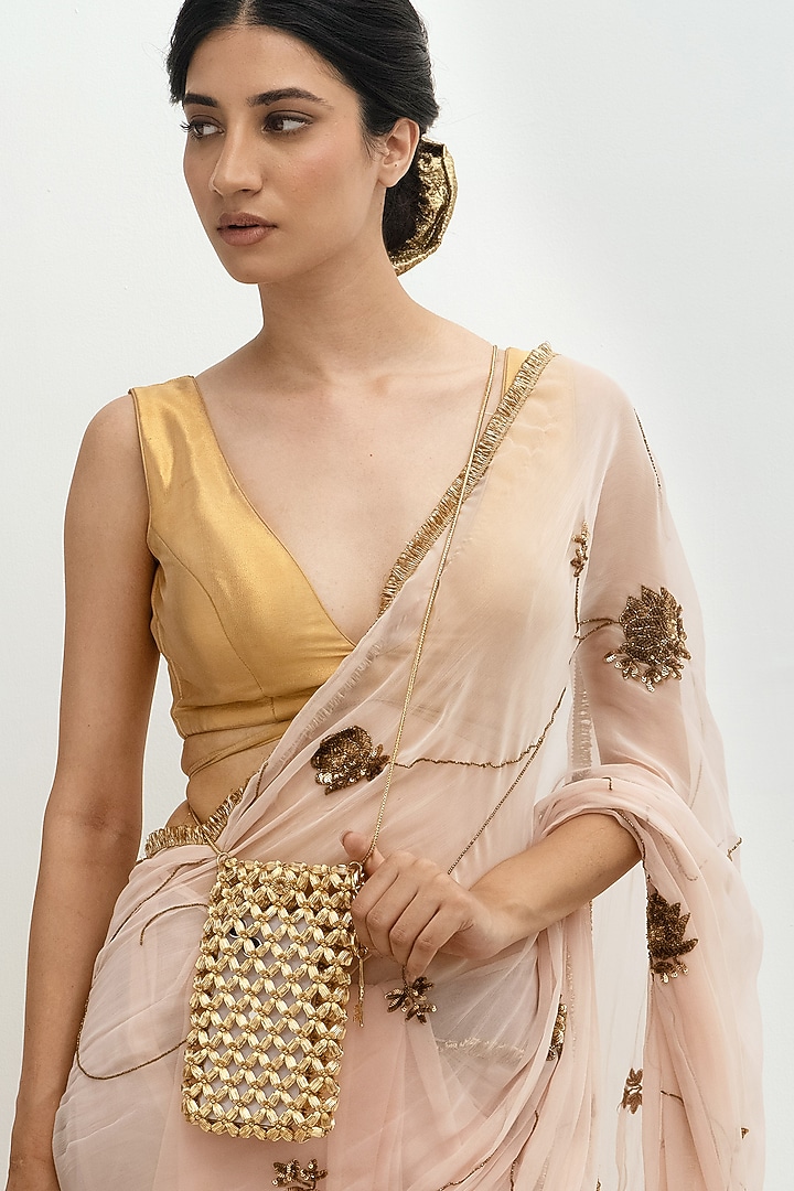 Gold Plated Brass Metal Acrylic & Zari Thread Embroidered Pouch by AMAMA at Pernia's Pop Up Shop