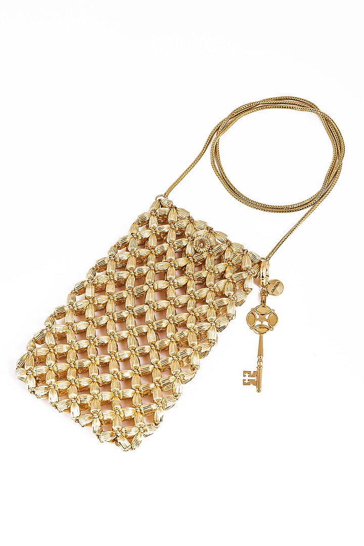 Gold Plated Brass Metal Acrylic & Zari Thread Embroidered Pouch by AMAMA at Pernia's Pop Up Shop