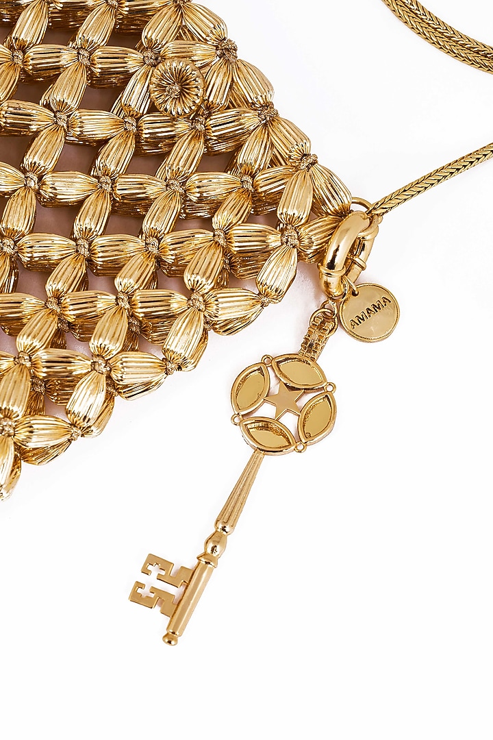 Gold Plated Brass Metal Acrylic & Zari Thread Embroidered Pouch by AMAMA at Pernia's Pop Up Shop