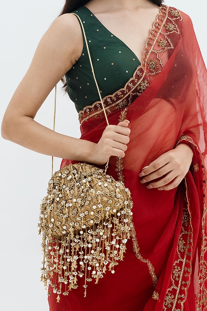 Gold Plated Brass Metal Faux Pearl Embroidered Potli Bag by AMAMA at Pernia's Pop Up Shop