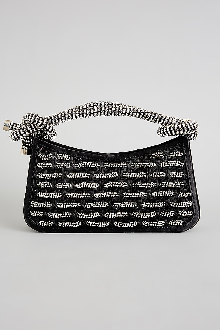 Black Suede & Brass Alloy Zari Thread Embroidered Handbag by AMAMA at Pernia's Pop Up Shop