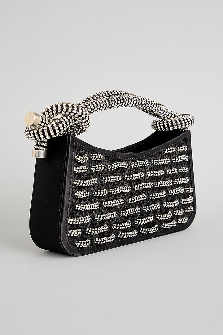 Black Suede & Brass Alloy Zari Thread Embroidered Handbag by AMAMA at Pernia's Pop Up Shop