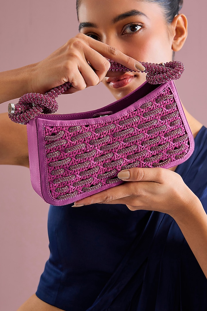 Pink Suede & Brass Alloy Zari Thread Embroidered Handbag by AMAMA at Pernia's Pop Up Shop