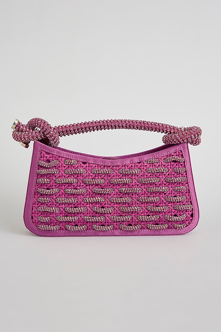 Pink Suede & Brass Alloy Zari Thread Embroidered Handbag by AMAMA at Pernia's Pop Up Shop